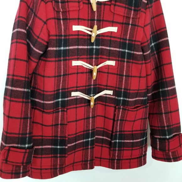 Gap Contrast Wool Blend Toggle Coat Sz M Red Black Plaid Classic Academia Hooded - Picture 3 of 11